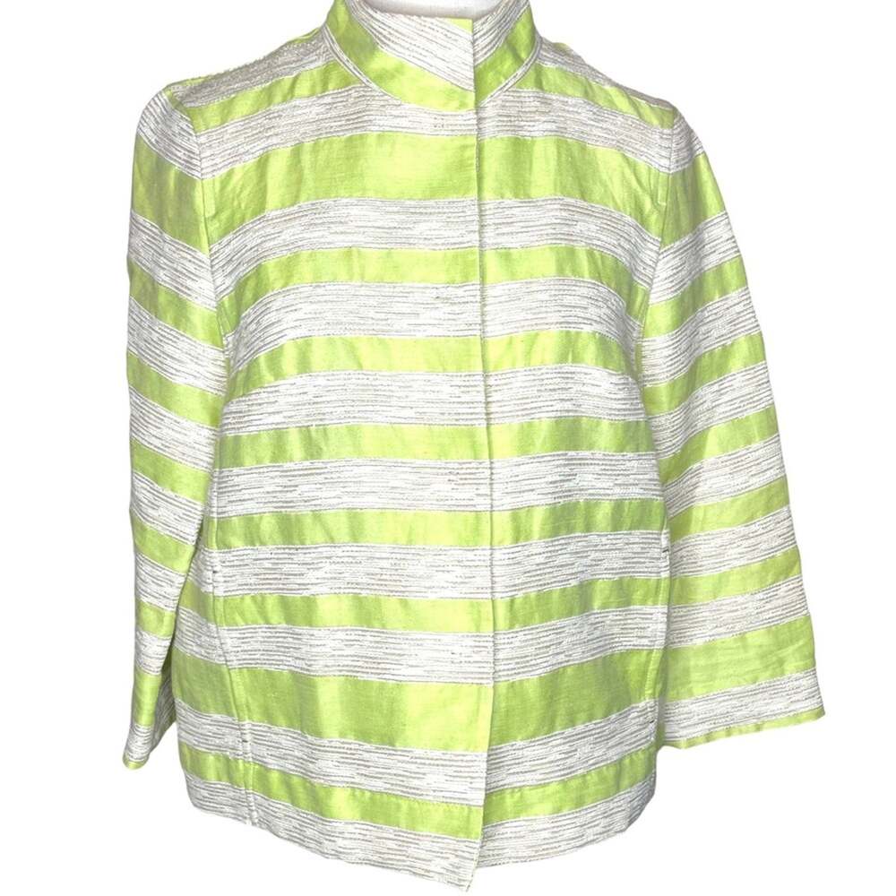 Lafayette 148 Size Small Linen Blend Lime Green Horizontal Stripe Jacket/Blazer